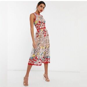 Bronx and Banco Floral Embroidered Midi Dress - Red, Blue, Yellow